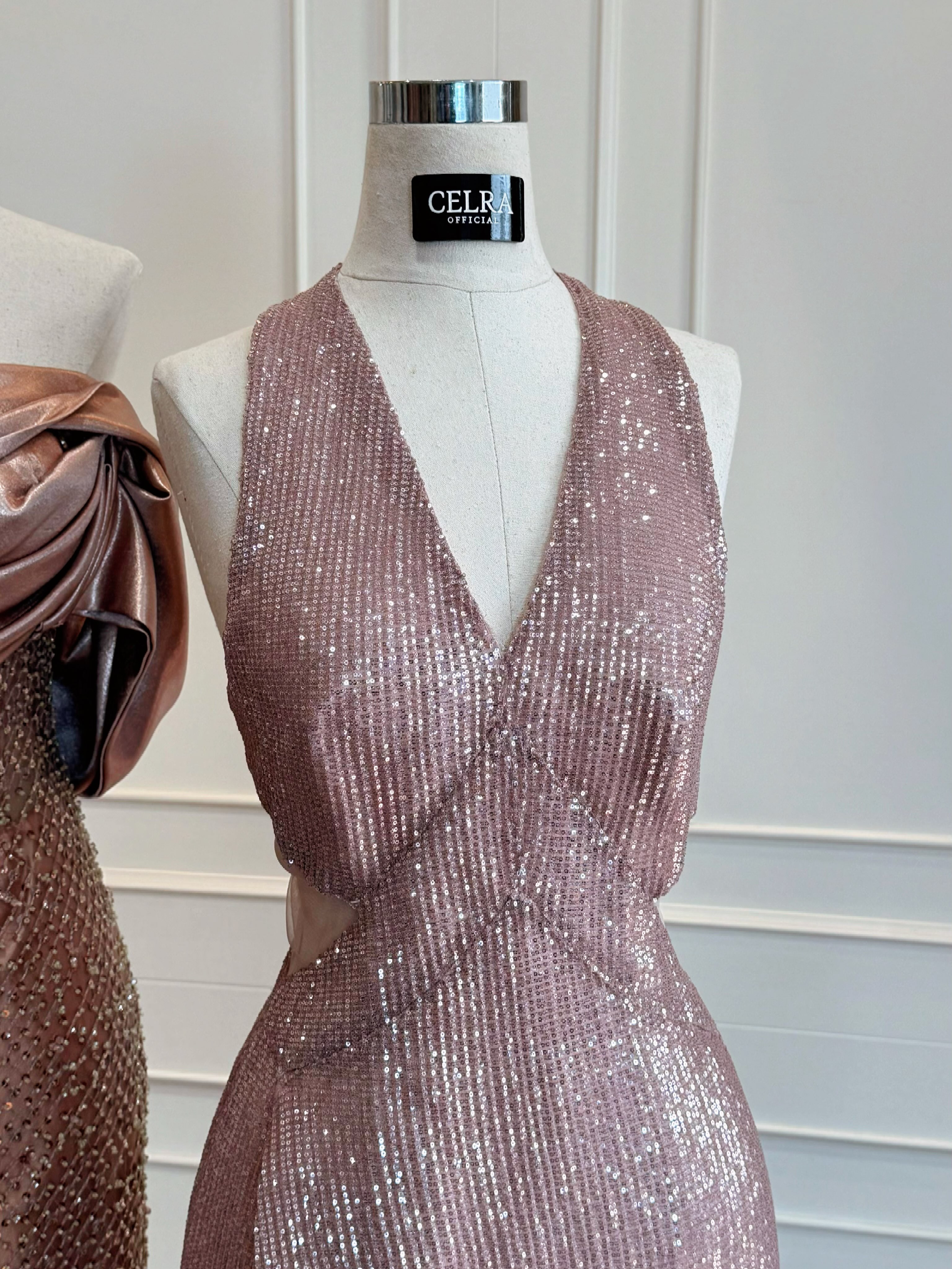 Dusty pink beaded V-neck gown — CELRA.id rental