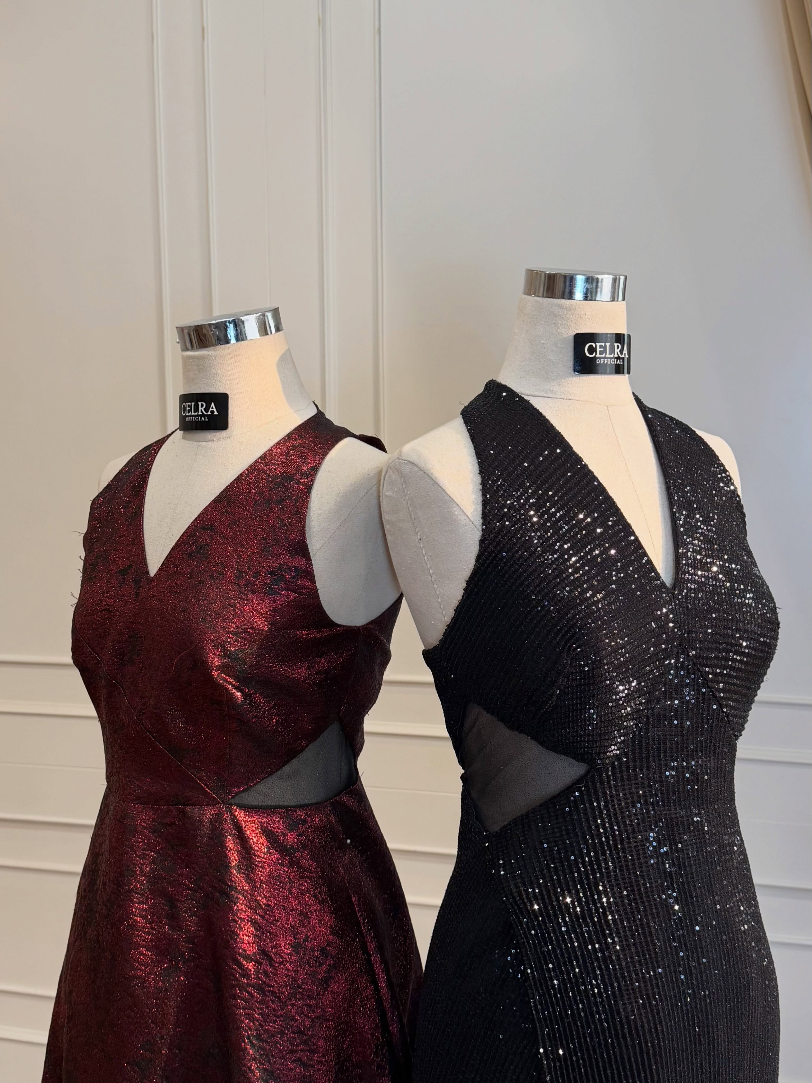 Burgundy and black sequin gowns on mannequins — CELRA.id rental