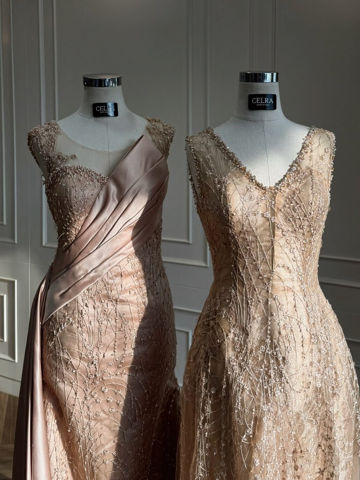 Champagne beaded gowns on mannequins — CELRA.id rental