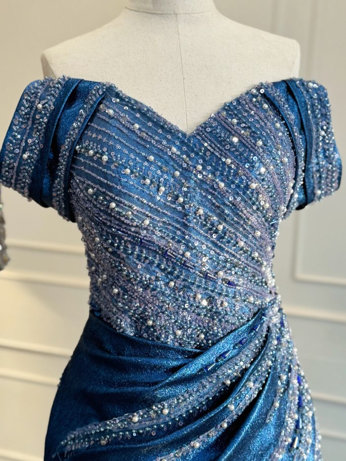 Blue sparkle off-shoulder gown with draped skirt — CELRA.id rental