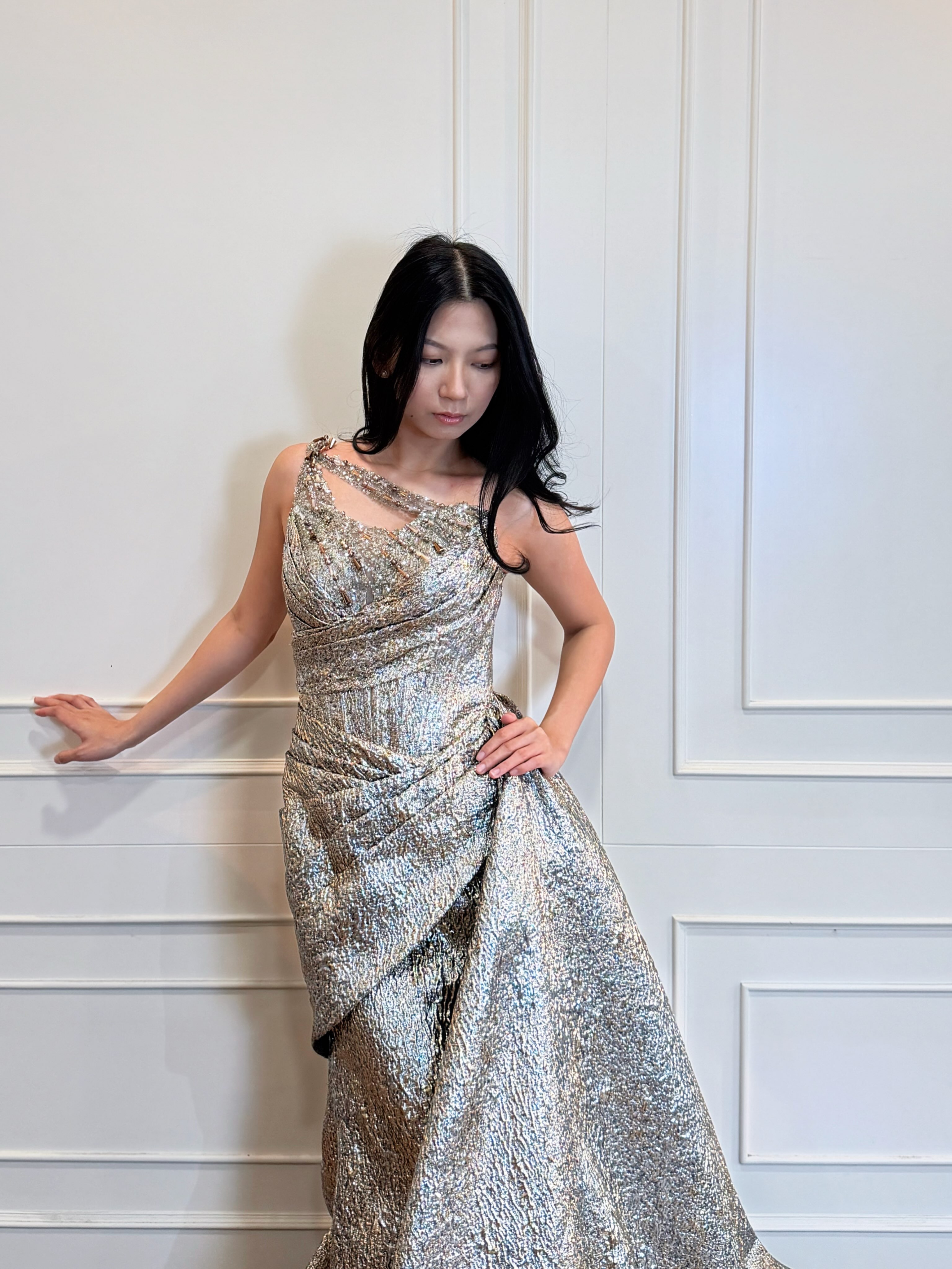 Silver gown with draped overskirt — CELRA.id rental