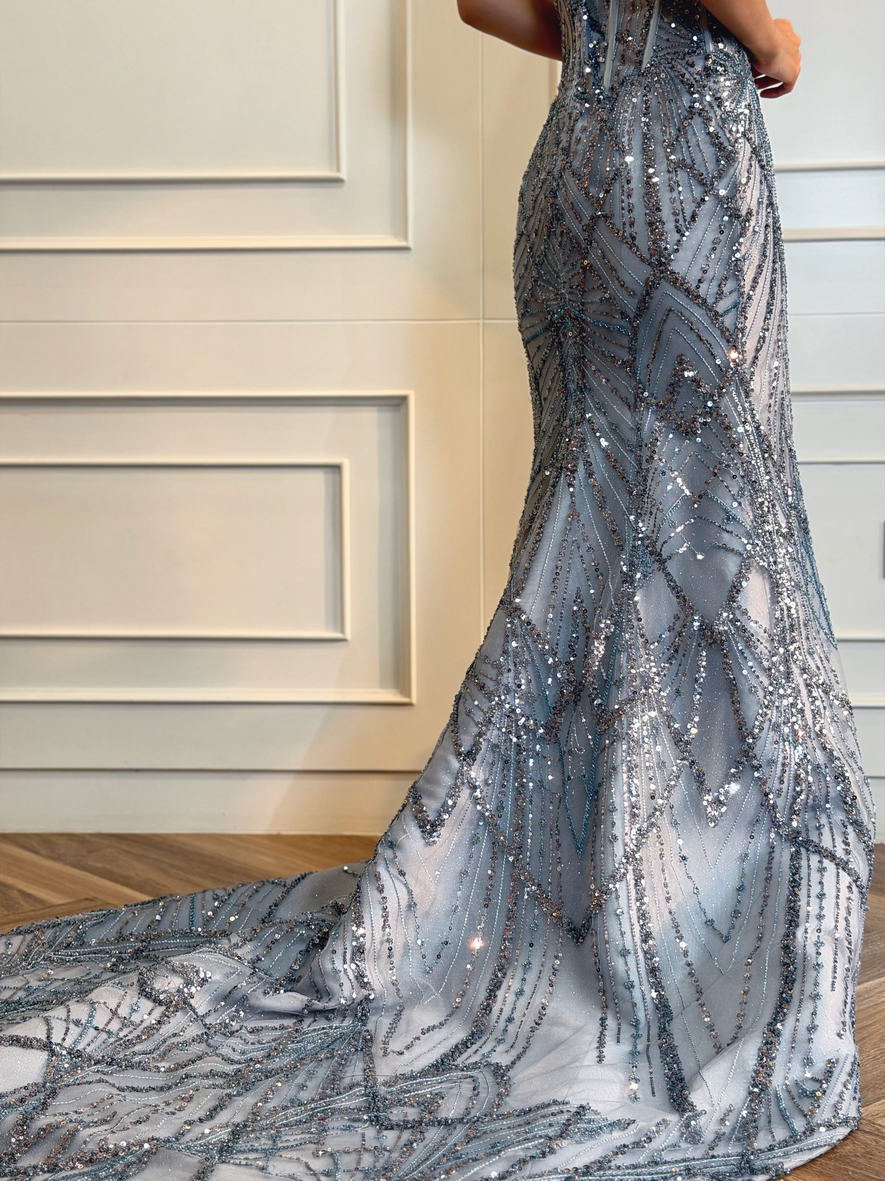 Blue-grey beaded mermaid gown with long train — CELRA.id rental