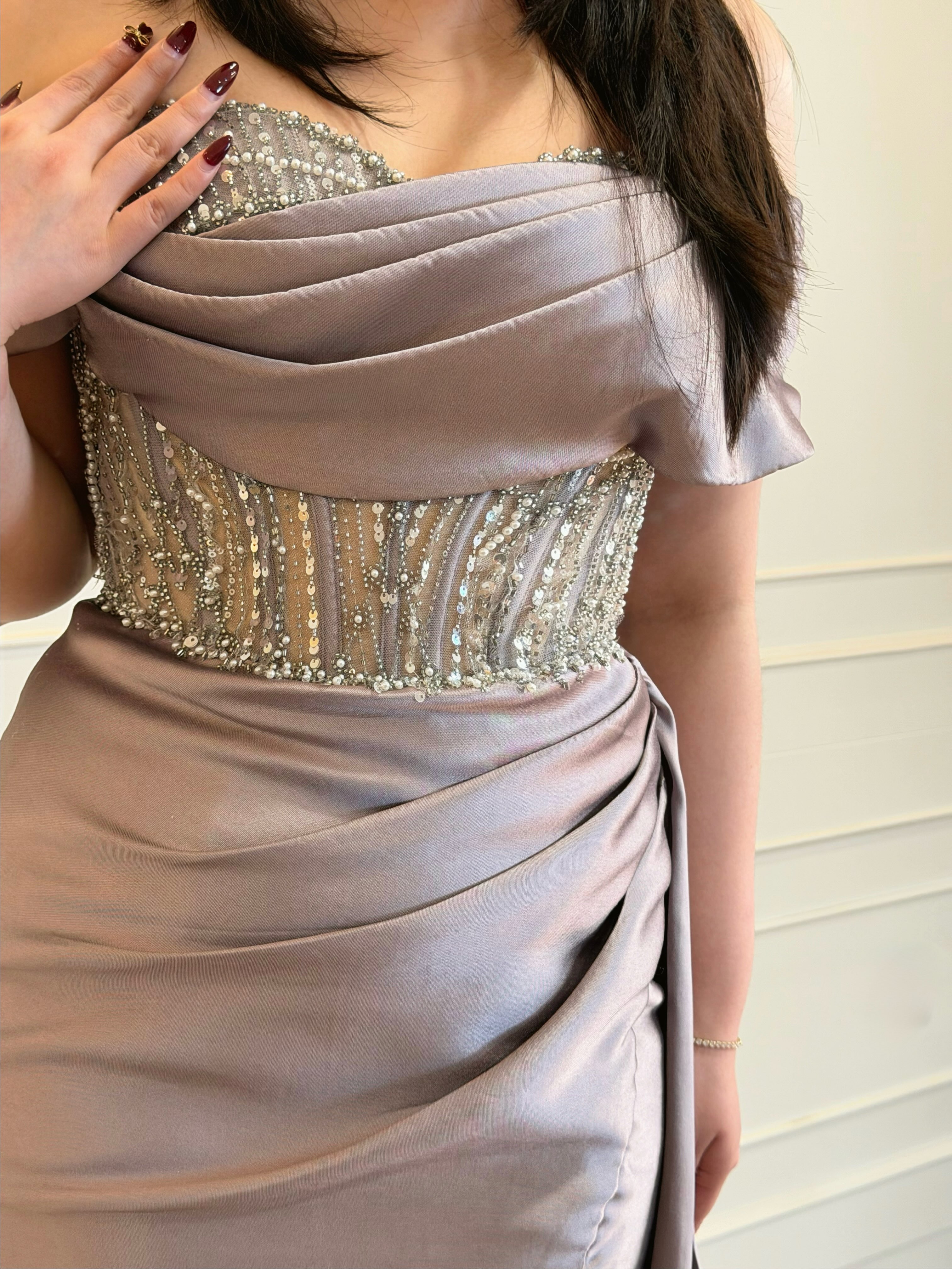 Lilac satin gown with draped bodice — CELRA.id rental