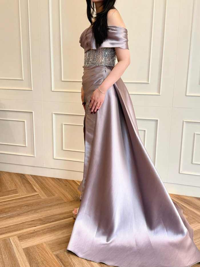 Lilac satin gown with long draped panel — CELRA.id rental