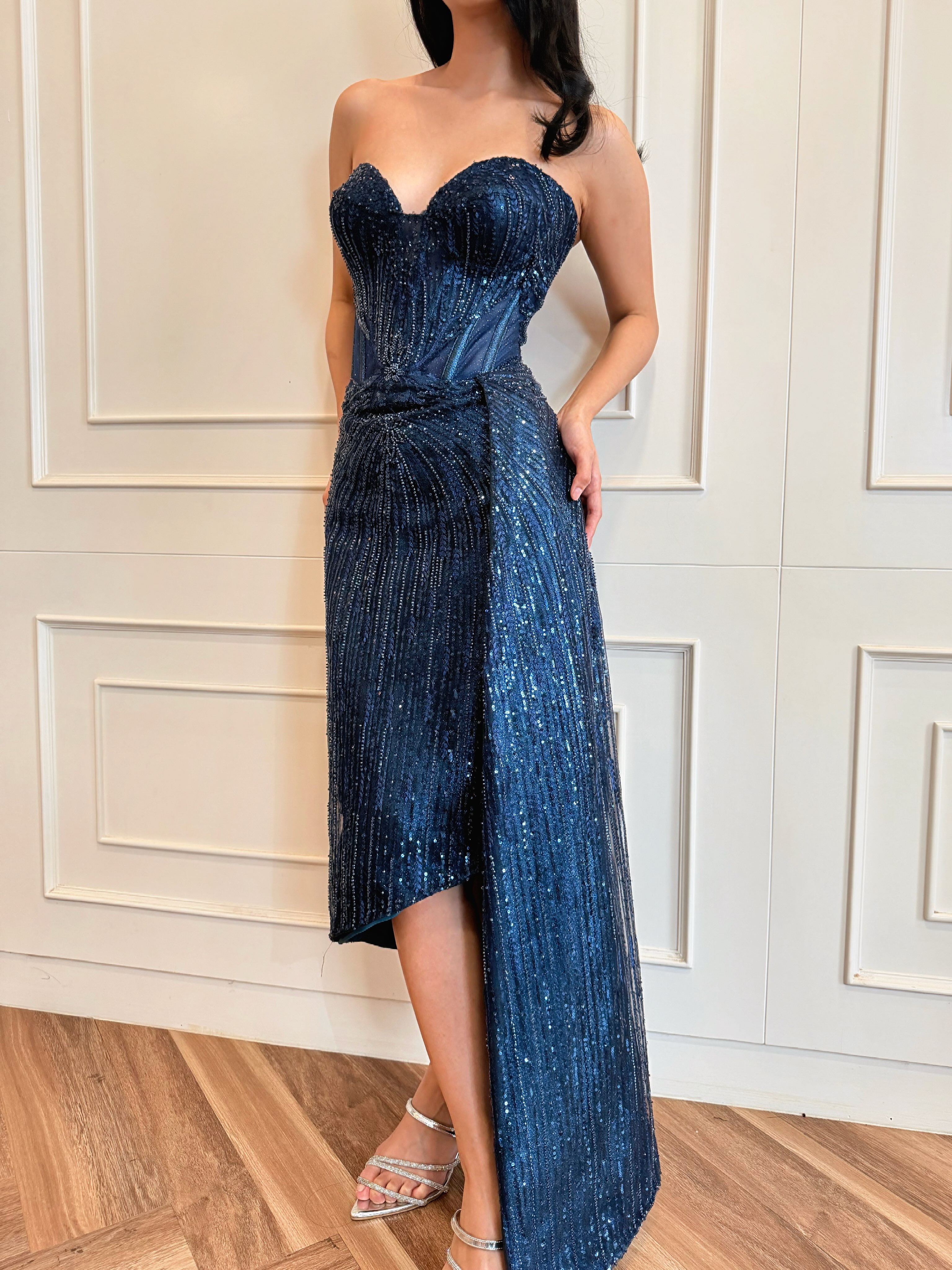 Teal satin draped gown — CELRA.id rental