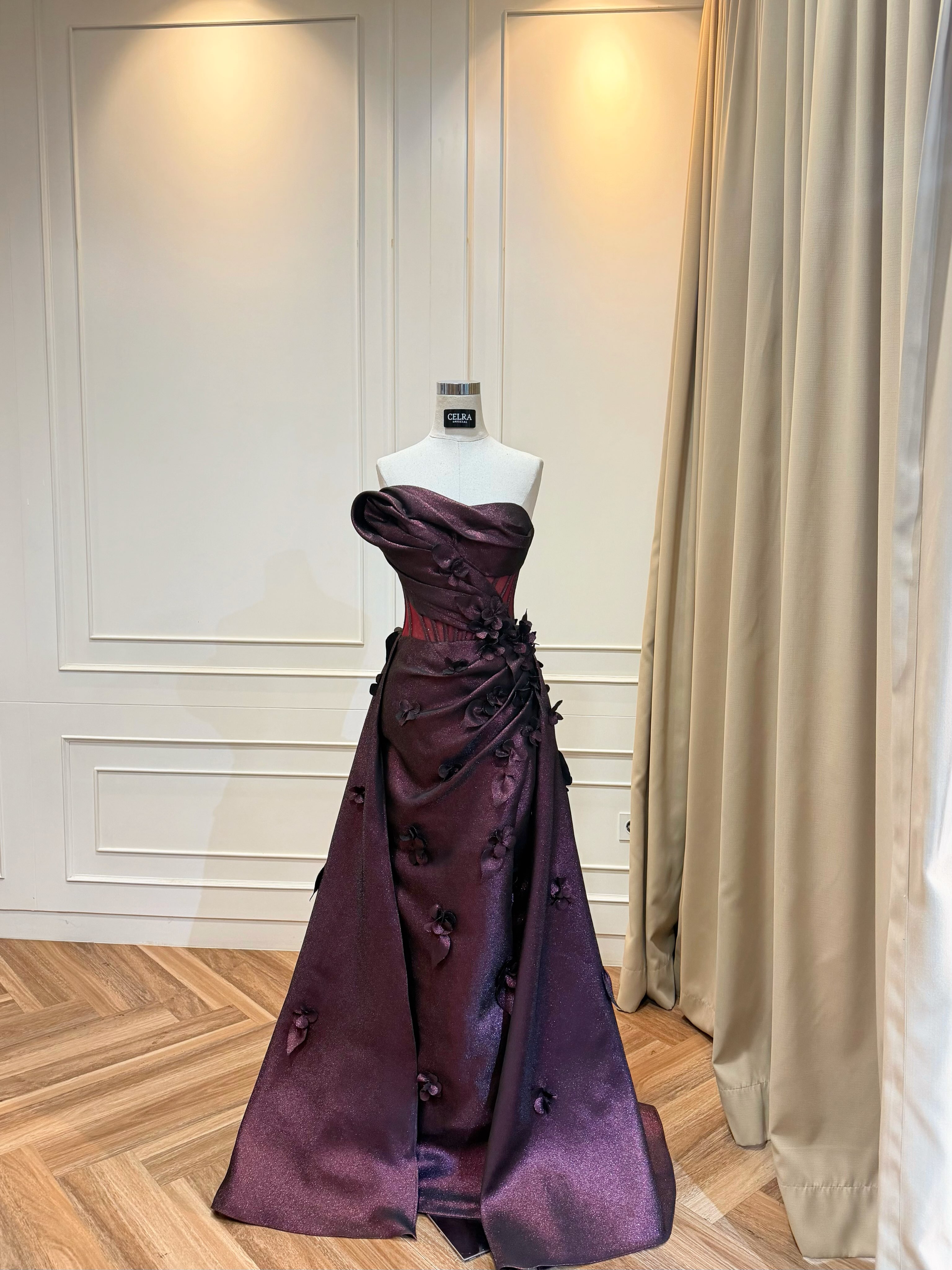 Purple satin gown with draped skirt — CELRA.id rental