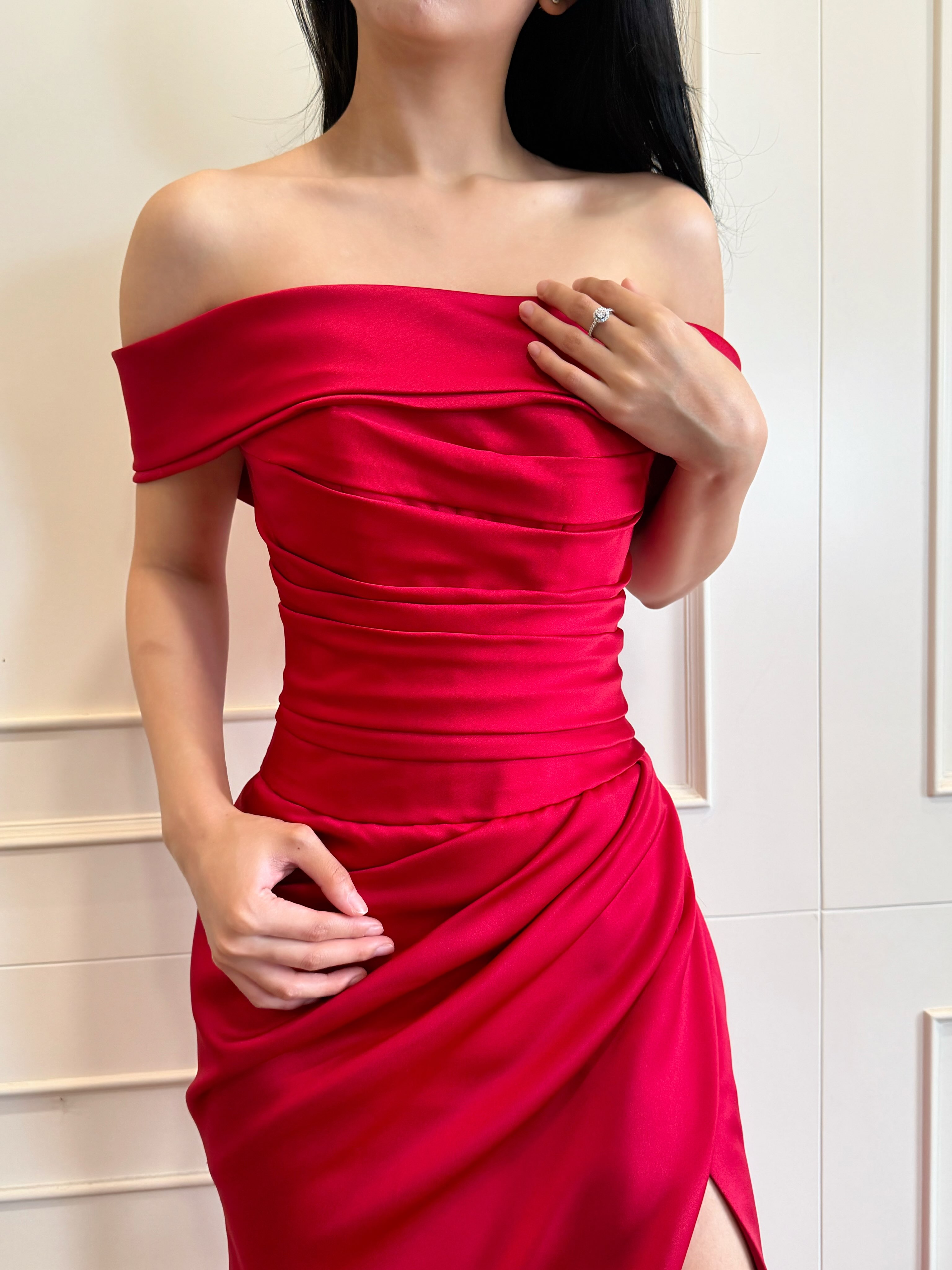 Red satin off-shoulder gown — CELRA.id rental