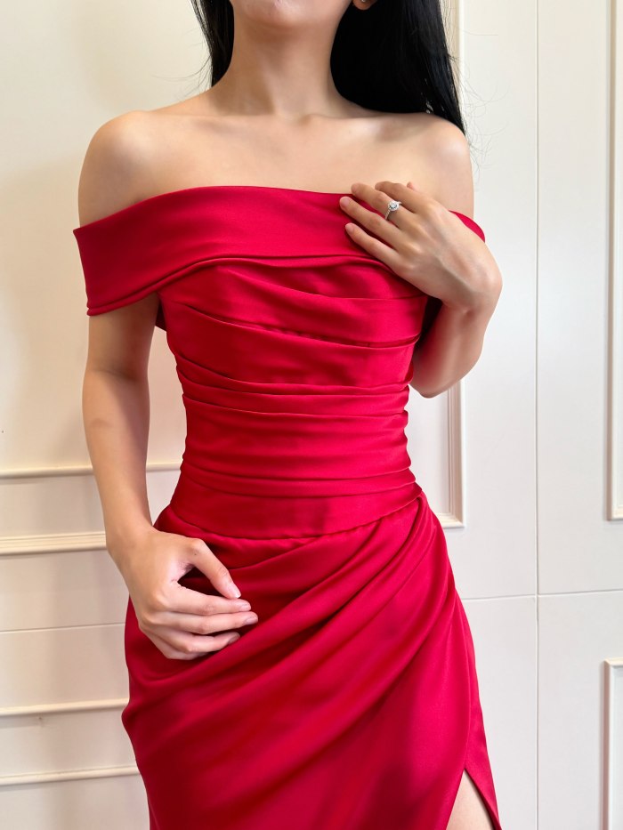 Red satin off-shoulder gown — CELRA.id rental